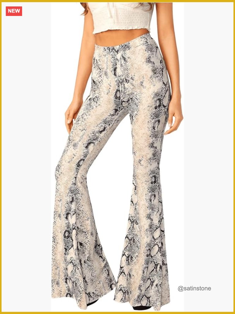Wide Leg High Rise Pull On Palazzo Pants Snakeskin Bell Bottom Stretchy